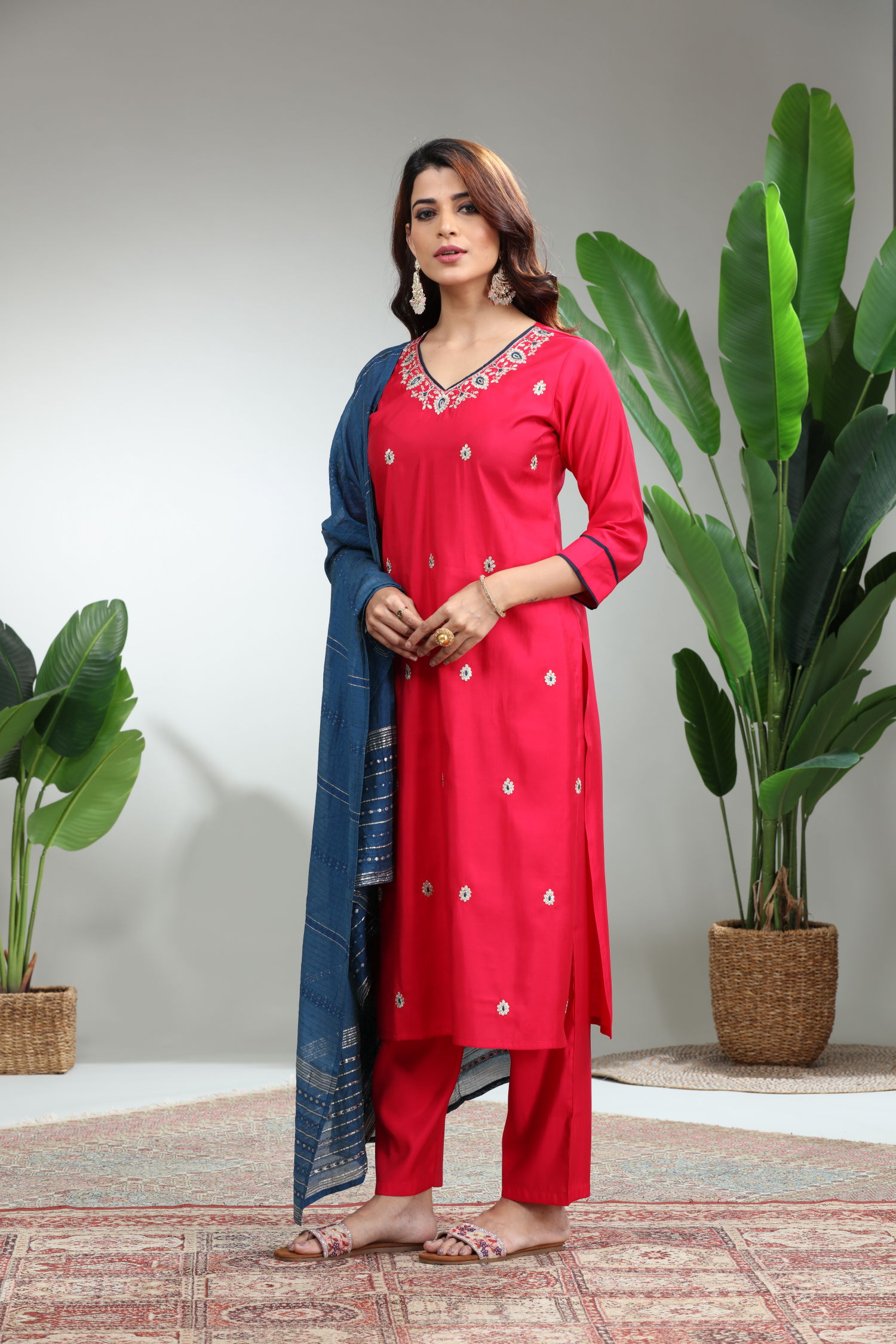 Red 3 Piece Suit Set With Dupatta